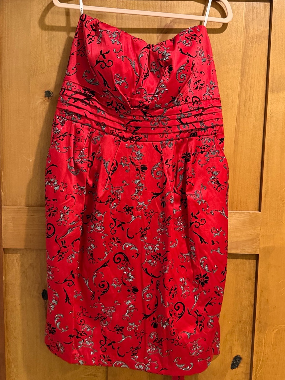 Snap Strapless Red Jacquard Dress with Black & Silver Scrolls